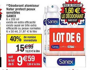 déodorant atomiseur natur protect peaux sensibles sanex 40% de remise immédiate
