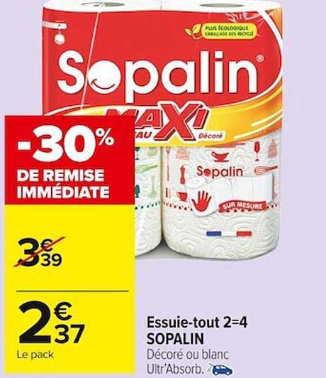 essuie-tout 2=4 sopalin -30% de remise immédiate