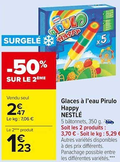 glacés à l'eau pirulo happy nestlé -50% sur le 2ème