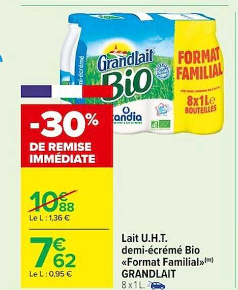lait u.h.t. demi-écrémé bio «format familial» grandlait -30% de remise immédiate