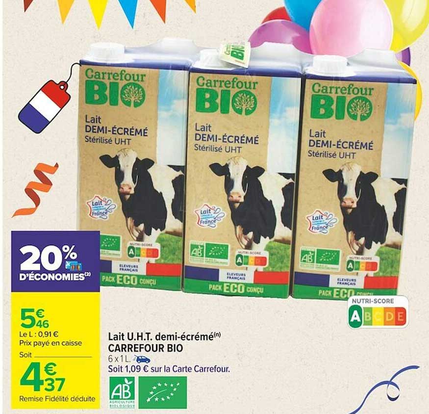 lait u.h.t. demi-écrémé carrefour bio