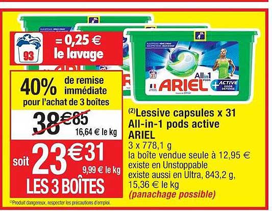 lessive capsules x 31 all-in-1 pods active ariel -40% de remise immédiate pour l'achat de 3 boîtes