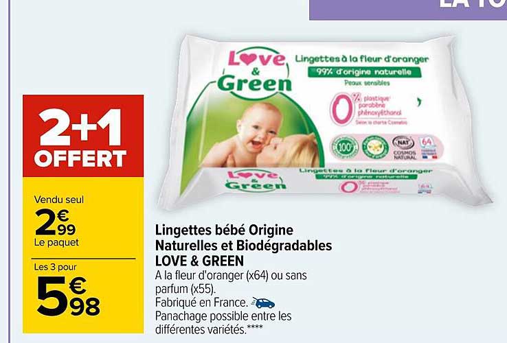 Lingettes Béb Origine Naturelles Et Biodégrables Love & Green 2+1 Offert