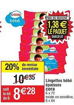 lingettes bébé épaisses cora 20% de remise immédiate
