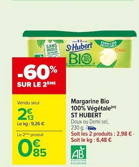 margarine bio 100% végétale st hubert -60% sur le 2ème