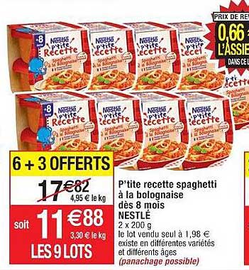 p'tite recette spaghetti à la bolognaise dès 8 mois nestlé 6+3 offerts