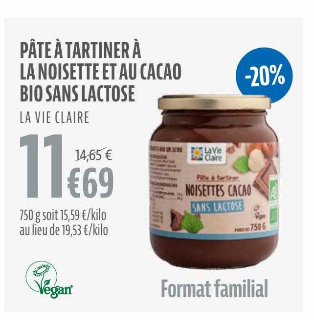 Pâte à Tartiner à La Noisette Et Au Cacao Bio Sans Lactose La Vie Claire