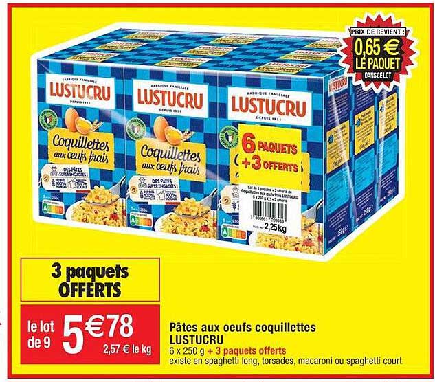 pâtes aux oeufs coquillettes lustucru 3 paquets offerts