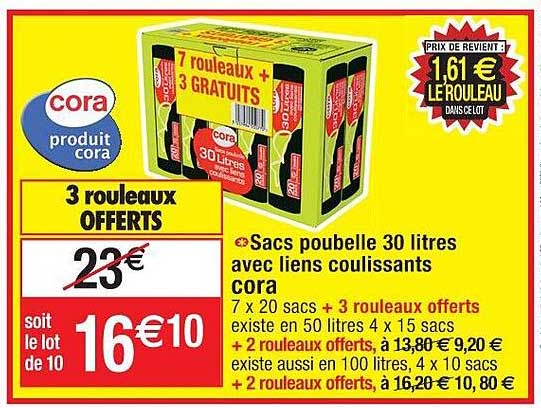 Sacs Poubelle 30 Litres Avec Liens Coulissants Cora 3 Roulleaux Offerts