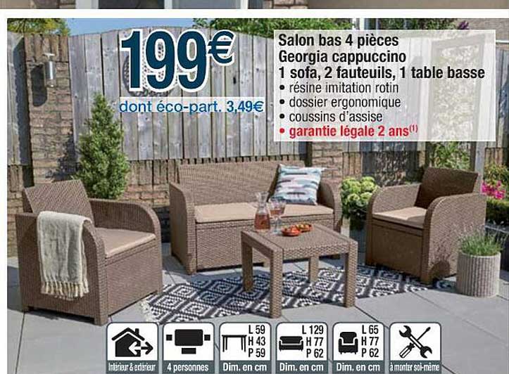 salon bas 4 pièces georgia cappuccino 1 sofa 2 fauteuils 1 table basse