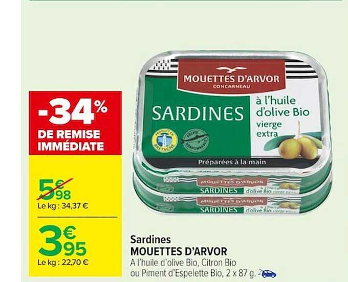 sardines mouettes d'arvor -34% de remise immédiate