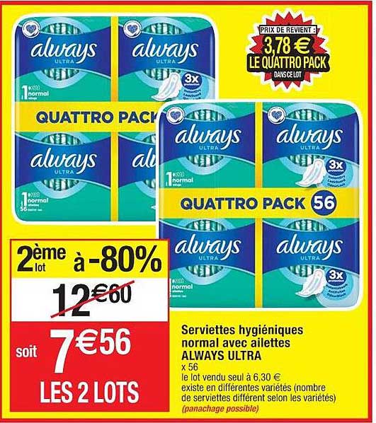 serviettes hygiéniques normal avec ailettes always ultra 2ème lot à -80%