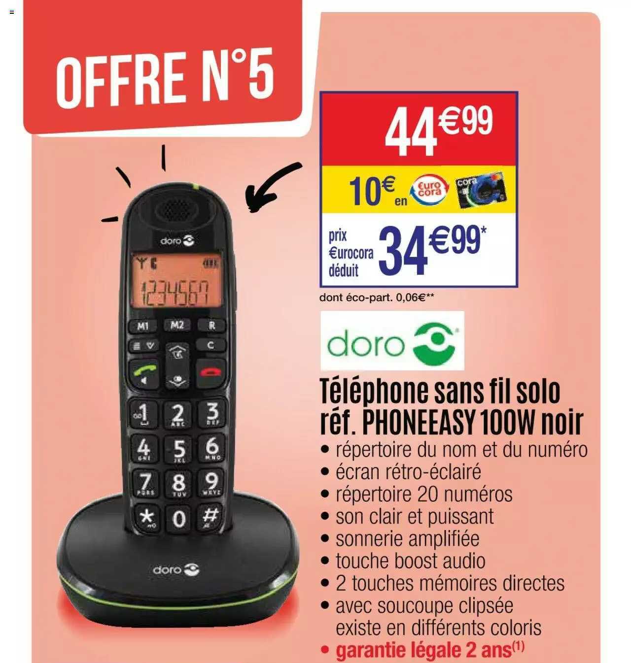 téléphoen sans fil solo réf. phoneeasy 100w noir doro