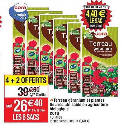 terreau géranium et plantes fleuries utilisable en agriculture biologique cora 4+2 offerts