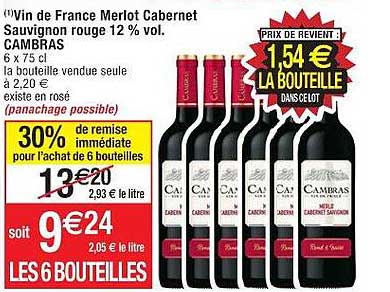 vin de france merlot cabernet sauvignon rouge 12% vol cambras 30% de remise immédiate pour l'achat de 6 bouteilles