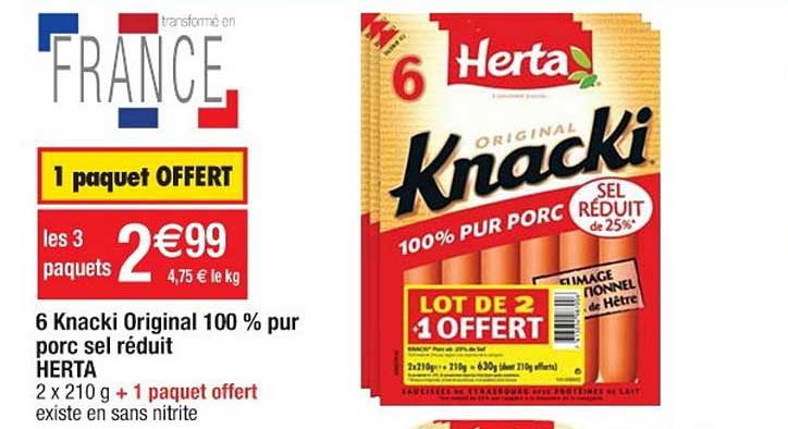 6 knacki original 100 % pur porc sel réduit herta