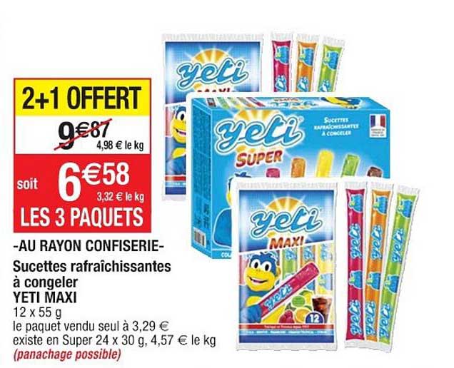 au rayon confiserie sucettes rafraîchissantes à congeler yeti maxi 2+1 offert