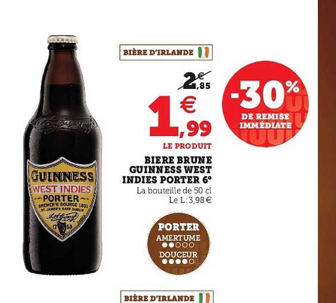 bière brune guiness west indies porter 6° -30% de remise immédiate