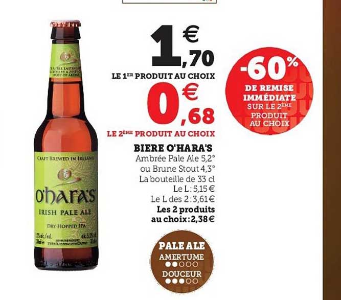 bière o'hara's -60% de remise immédiate sur le 2ème produit au choix
