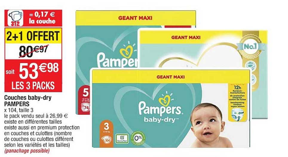 couches baby-dry pampers 2+1 offert
