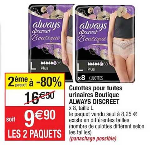 culottes pour fuites urinaires boutique always discreet 2ème paquet à -80%