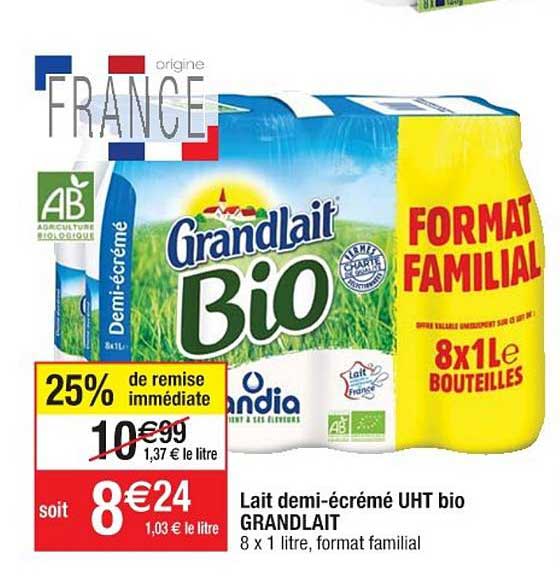 lait demi-écrémé uht bio grandlait 25% de remise immédiate