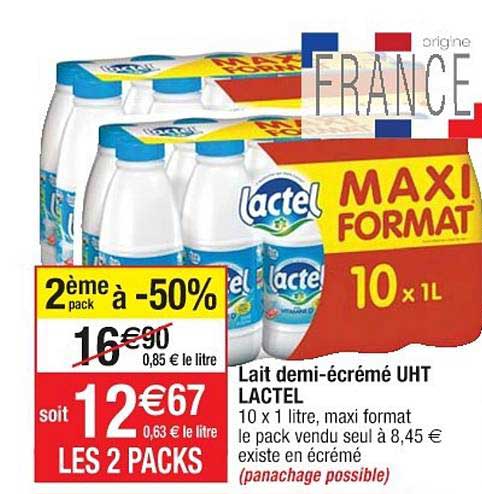 lait demi-écrémé uht lactel 2ème pack à -50%