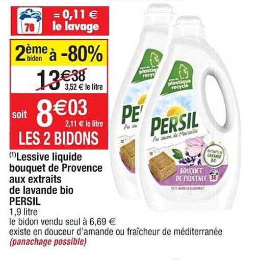 Lessive Liquide Bouquet De Provence Aux Extraits De Lavande Bio Persil 2ème Bidon à -50%