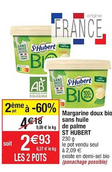 margarine doux bio sans huile de palme st hubert 2ème pot à -60%