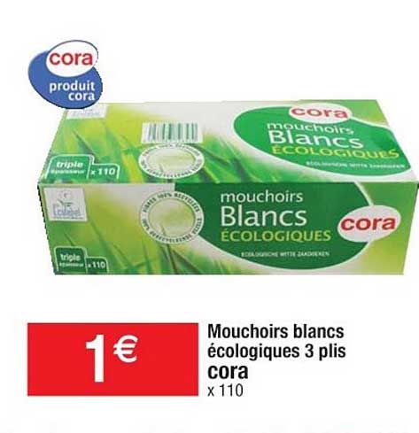 mouchoirs blancs écologiques 3 plis cora