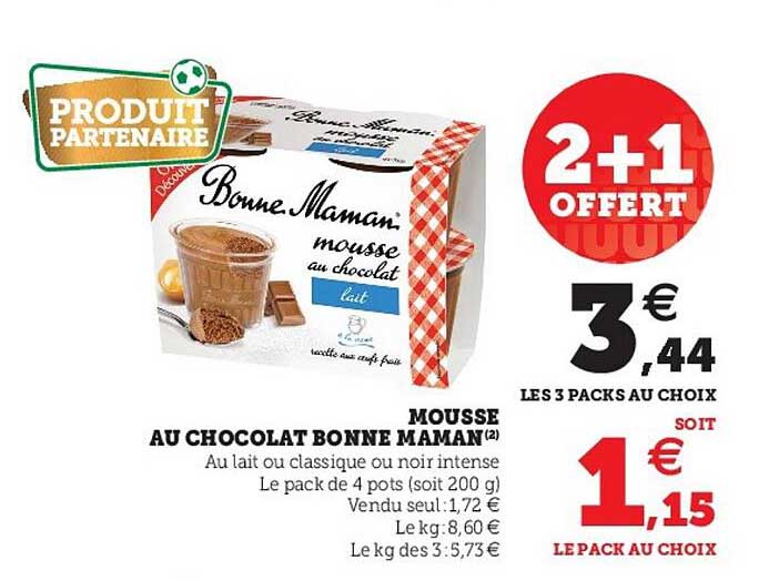 mousse au chocolat bonne maman 2+1 offert