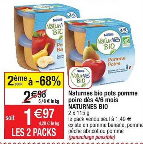 naturnes bio pots pomme poire dès 4 6 mois naturnes bio 2ème pack à -68%