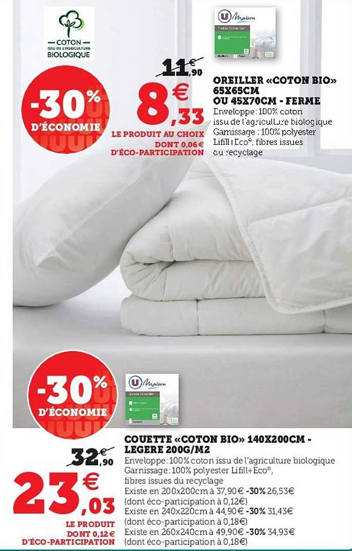 oreiller "coton bio" 65x65cm ou 45x70cm fermé couette "coton bio" 140x200cm légère 200g-m2