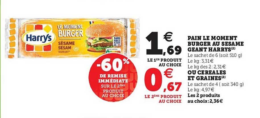 Pain Le Moment Burger Au Sesame Géant Harrys Ou Céréales Et Graines -60% De Remise Immédiate Sur Le 2ème Produit Au Choix