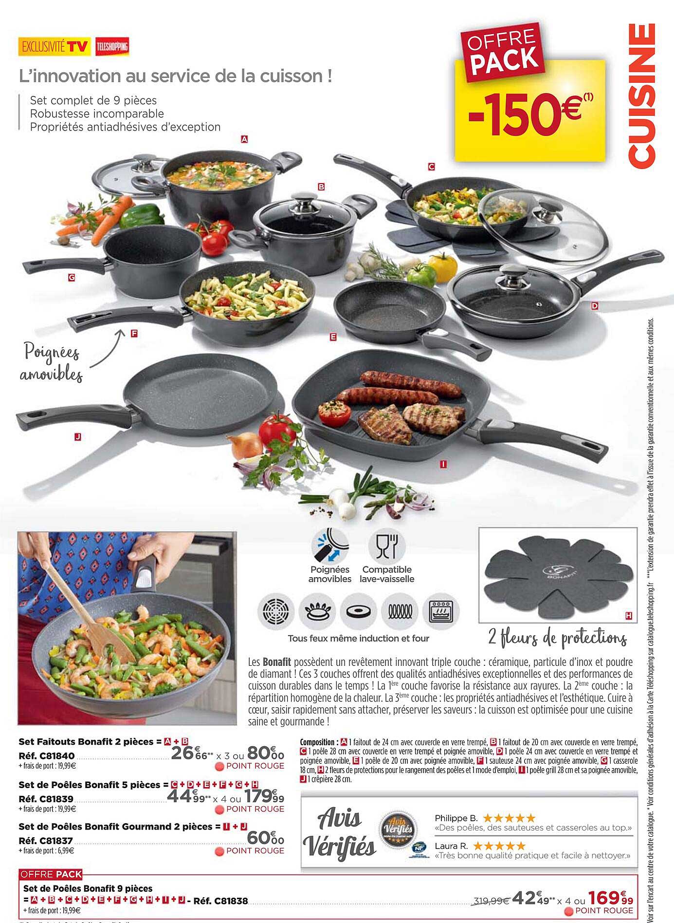 set faitouts bonafit 2 pieces, set de poeles bonafit 5 pieces, set de poeles bonafit gourmand 2 pieces