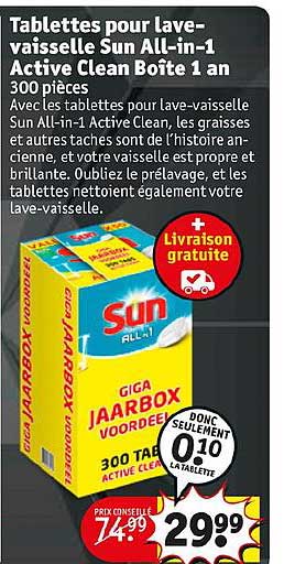 tablettes pour lave-vaisselle sun all-in-1 active clean boîte 1 an