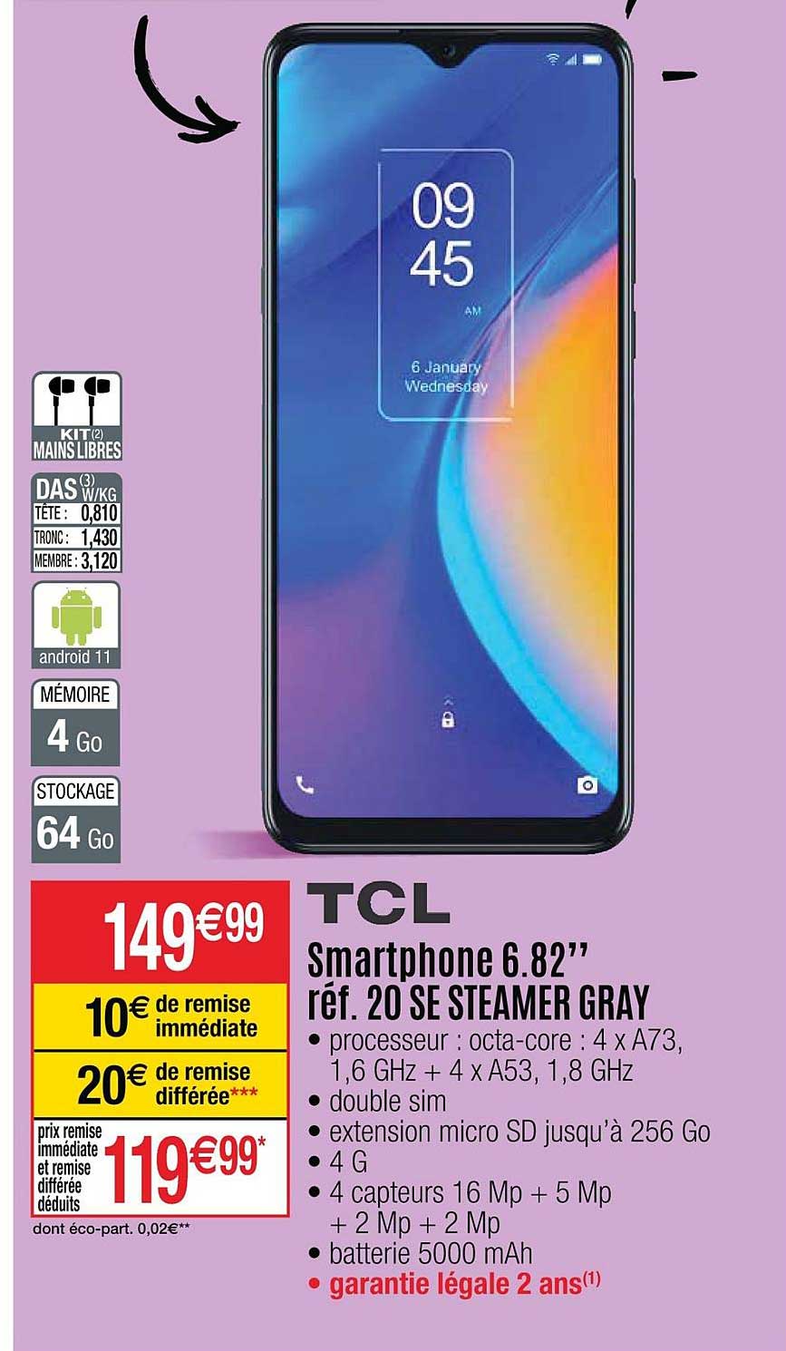 tcl smartphone 6.82" réf. 20se steamer gray