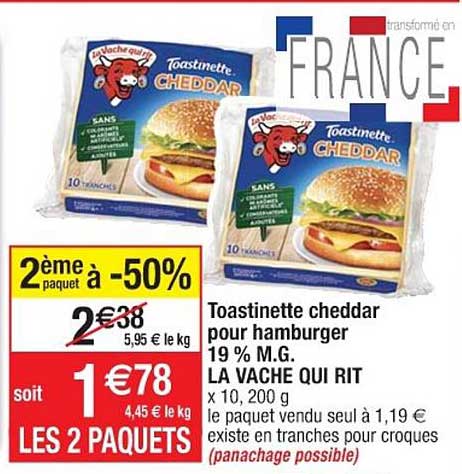 toastinette cheddar pour hamburger 19% m.g. la vache qui rit 2ème paquet à -50%