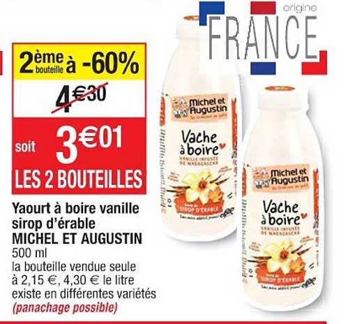 yaourt à boire vanille sirop d'érable michel et augustin 2ème bouteille à -60%