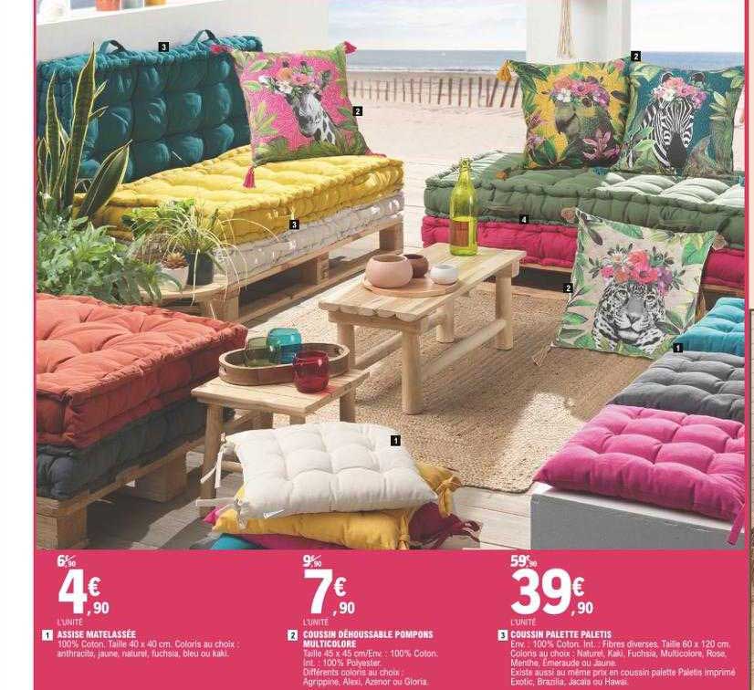 Assise Matelassée, Coussin Déhoussable Pompons Multicolores, Coussin Palette Paletis