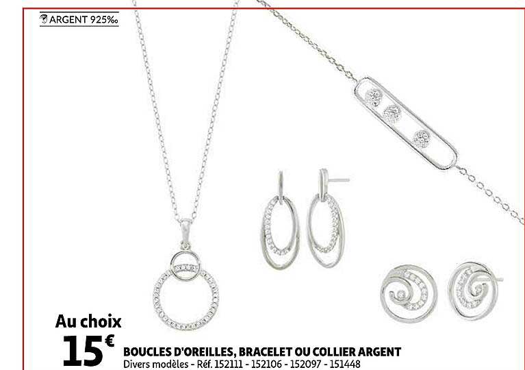 boucles d'oreilles, bracelet ou collier argent
