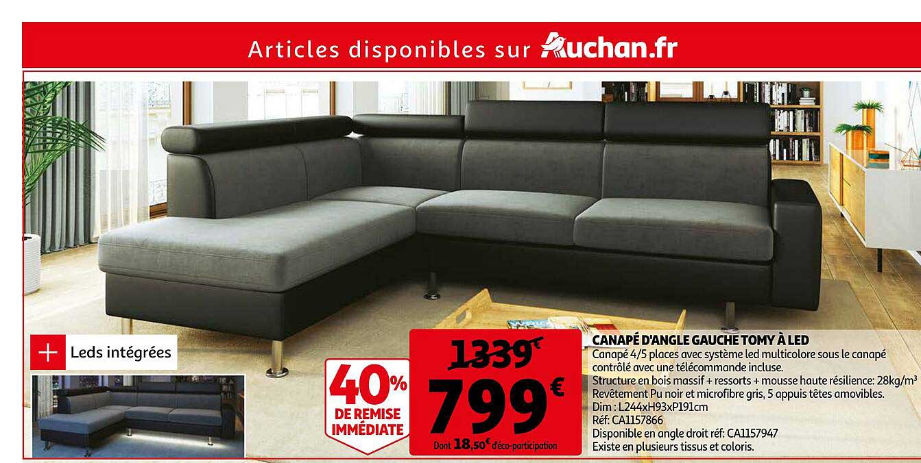 canapé d'angle gauche tomy à led