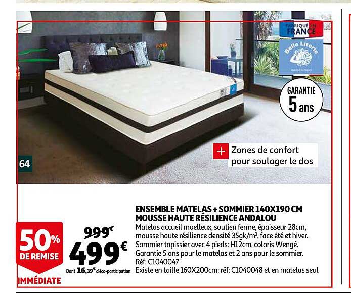 ensemble matelas + sommier 140 x 190 cm mousse haute résilience andalou