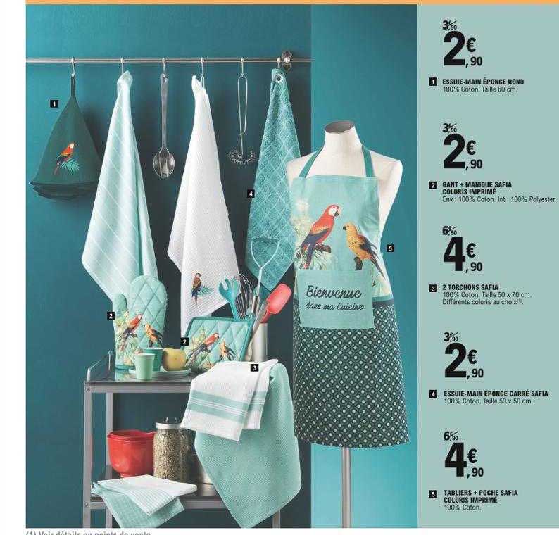 essuie-main éponge rond, gant + manique safia coloris imprimé, 2 torchons safia, essuie-main éponge carré safia,tabliers + poche safia coloris imprimé