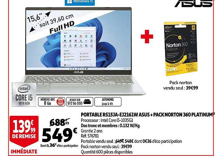 portable r515ja-ej2161w asus + pack norton 360 platinum