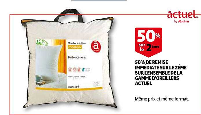 50% de remise immédiate sur le 2ème sur l'ensemble de la gamme d'oreillers actuel