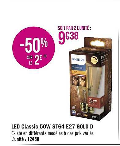 led classic 50w st64 e27 gold d -50% sur le 2e