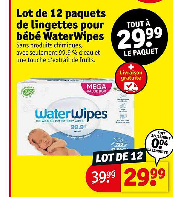 lot de 12 paquets de lingettes pour bébé waterwipes