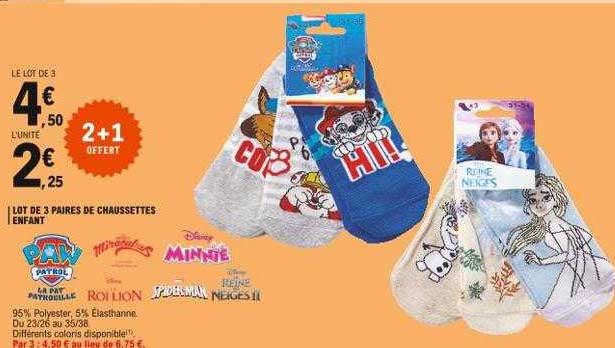 lot de 3 paires de chaussettes enfant paw patrol, roi lion, minnie, spiderman, reigne de neiges