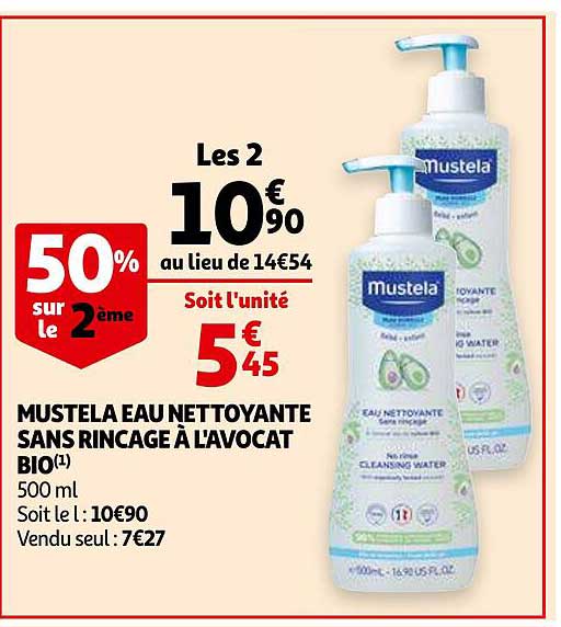 mustela eau nettoyante sans rincage à l'avocat bio 50% sur le 2ème